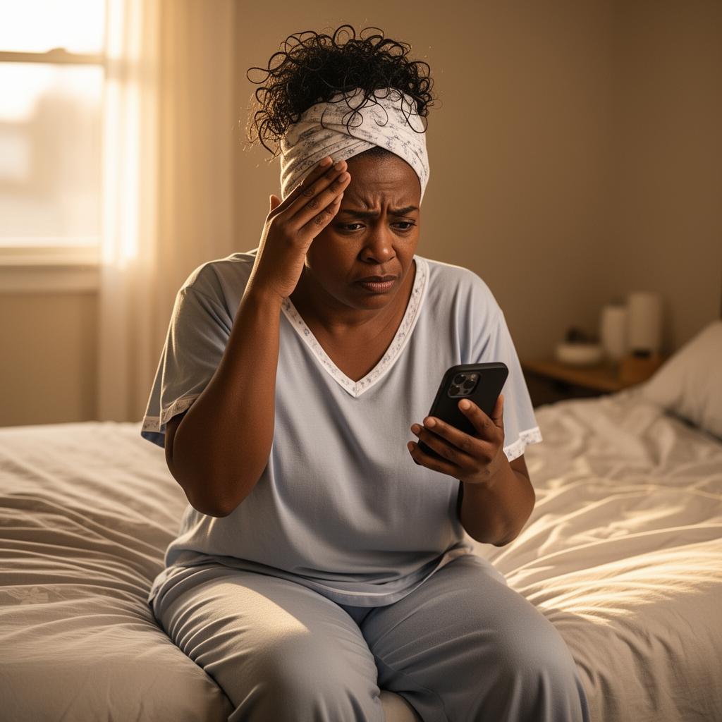 Woman sitting on bed edge at 3AM checking phone