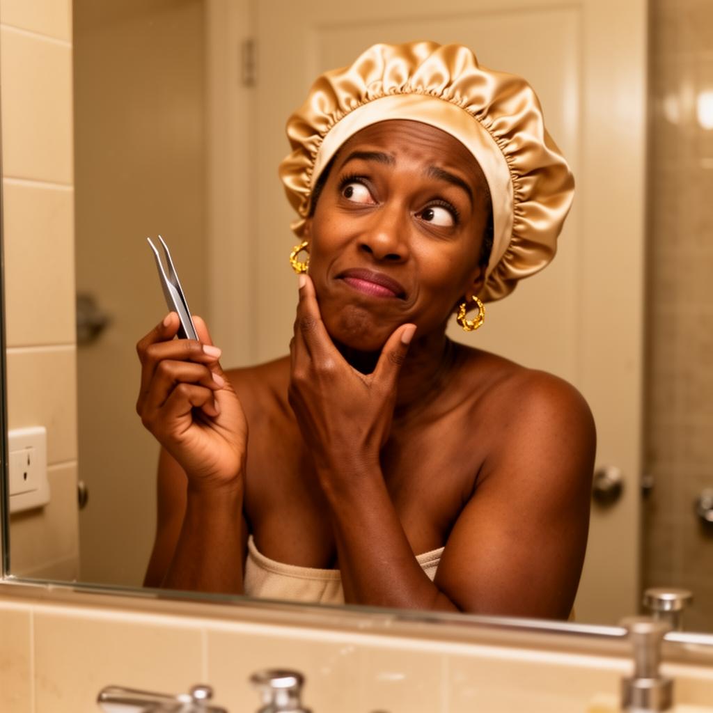Woman with tweezers and an exasperated expression in bathroom mirror