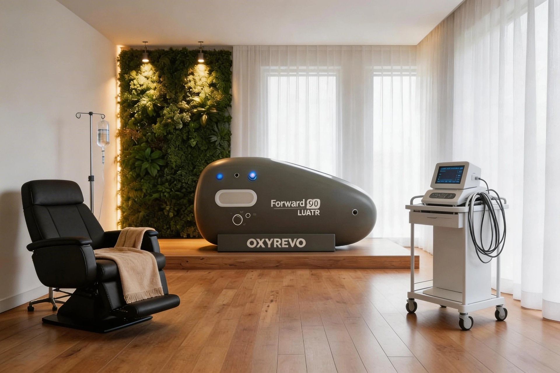 State-of-the-art wellness center interior with hyperbaric chamber