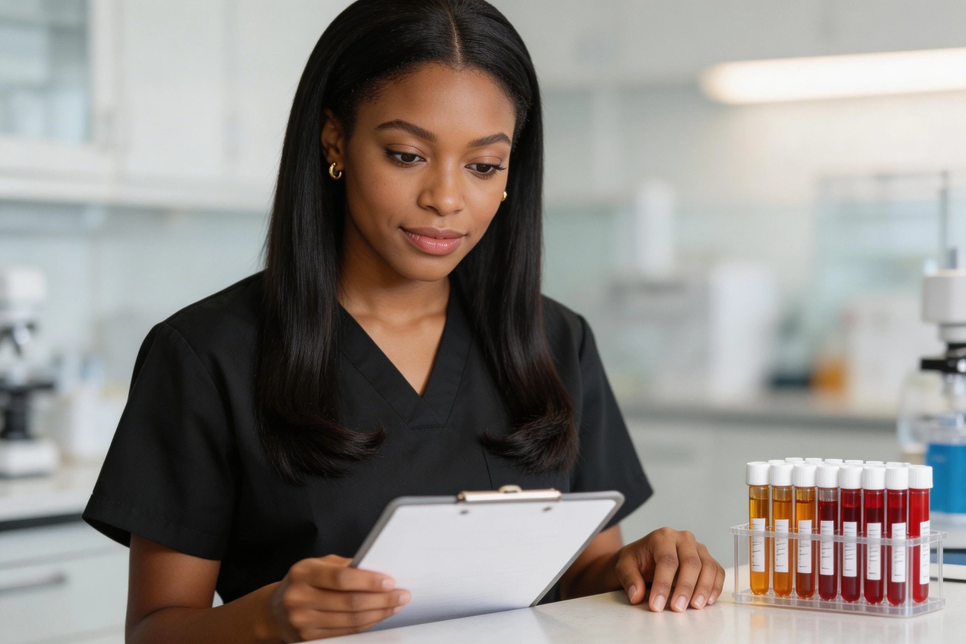 Organized lab setup with test tubes and requisition forms
