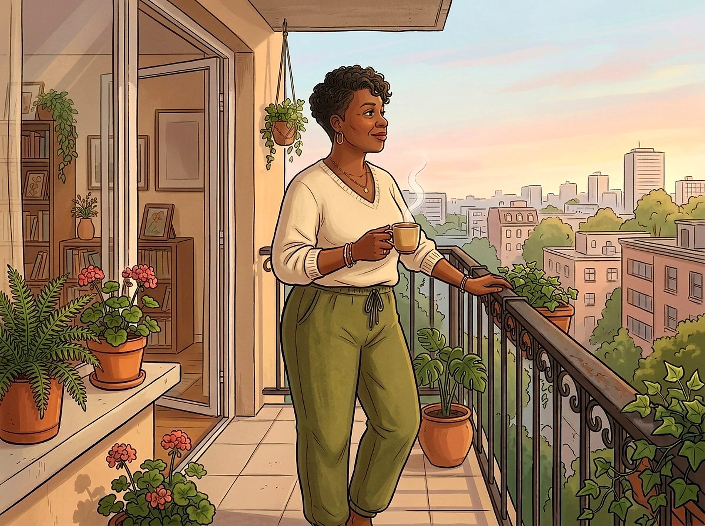 Black woman in soft morning light by a sunlit window holding a warm mug — calm, grounded start to her day during perimenopause Black woman in soft morning light by a sunlit window holding a warm mug — calm, grounded start to her day during perimenopause