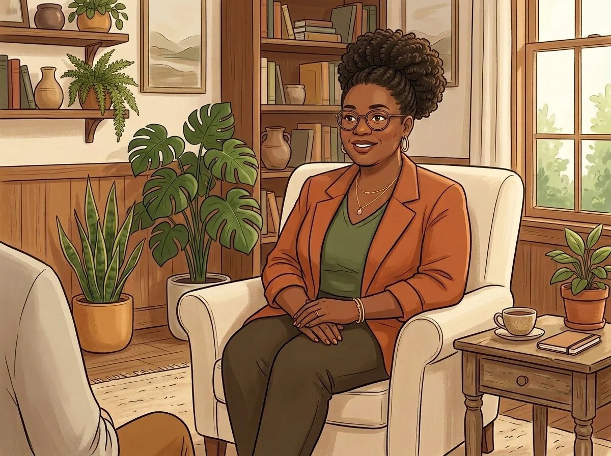Black woman provider in a warm consultation chair — a calm, attentive telehealth-style visit reviewing your hormone protocol Black woman provider in a warm consultation chair — a calm, attentive telehealth-style visit reviewing your hormone protocol