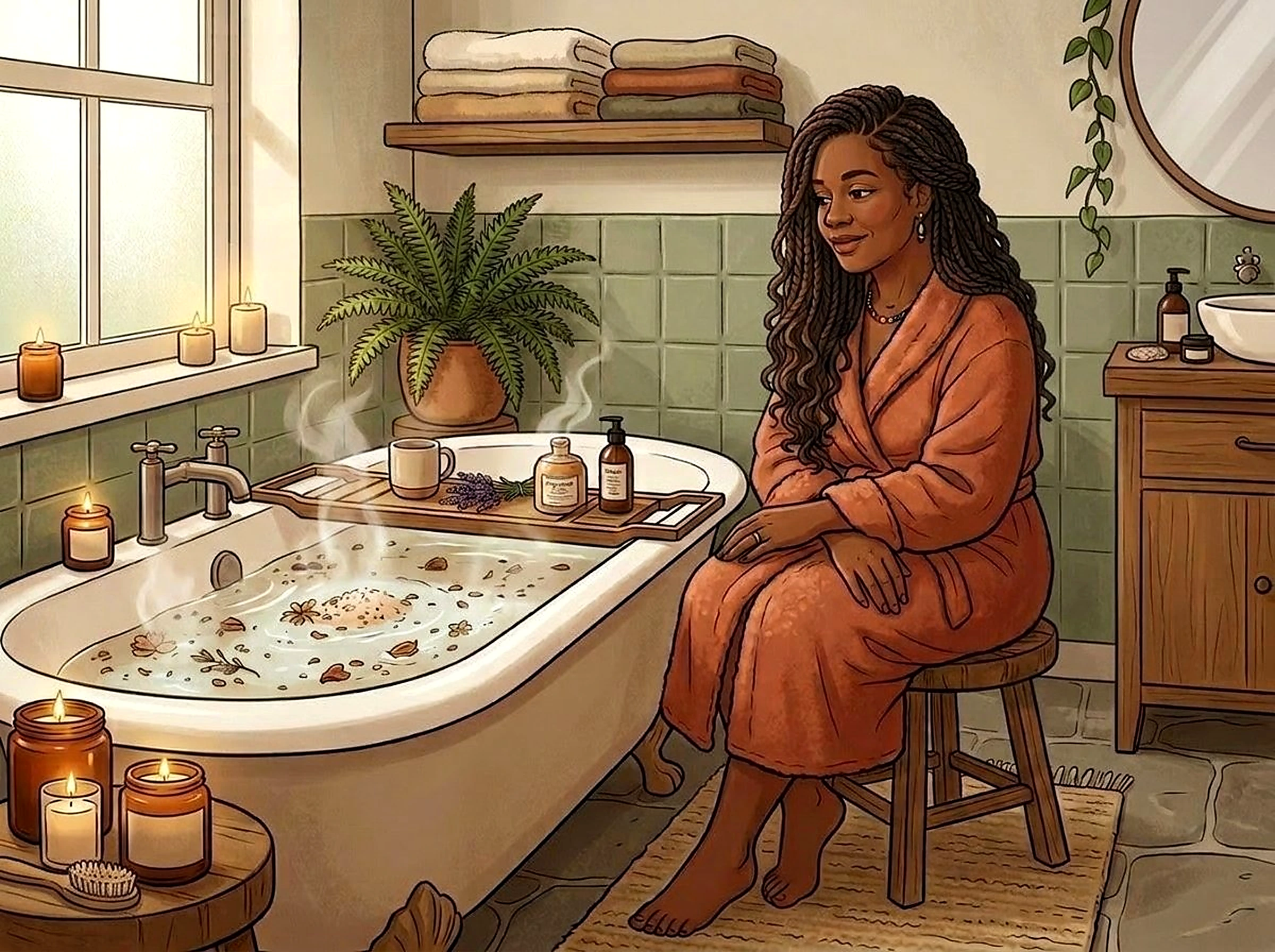 Black woman in a soft robe relaxing beside a candlelit bath with botanicals and eucalyptus — perimenopause self-care moment Black woman in a soft robe relaxing beside a candlelit bath with botanicals and eucalyptus — perimenopause self-care moment