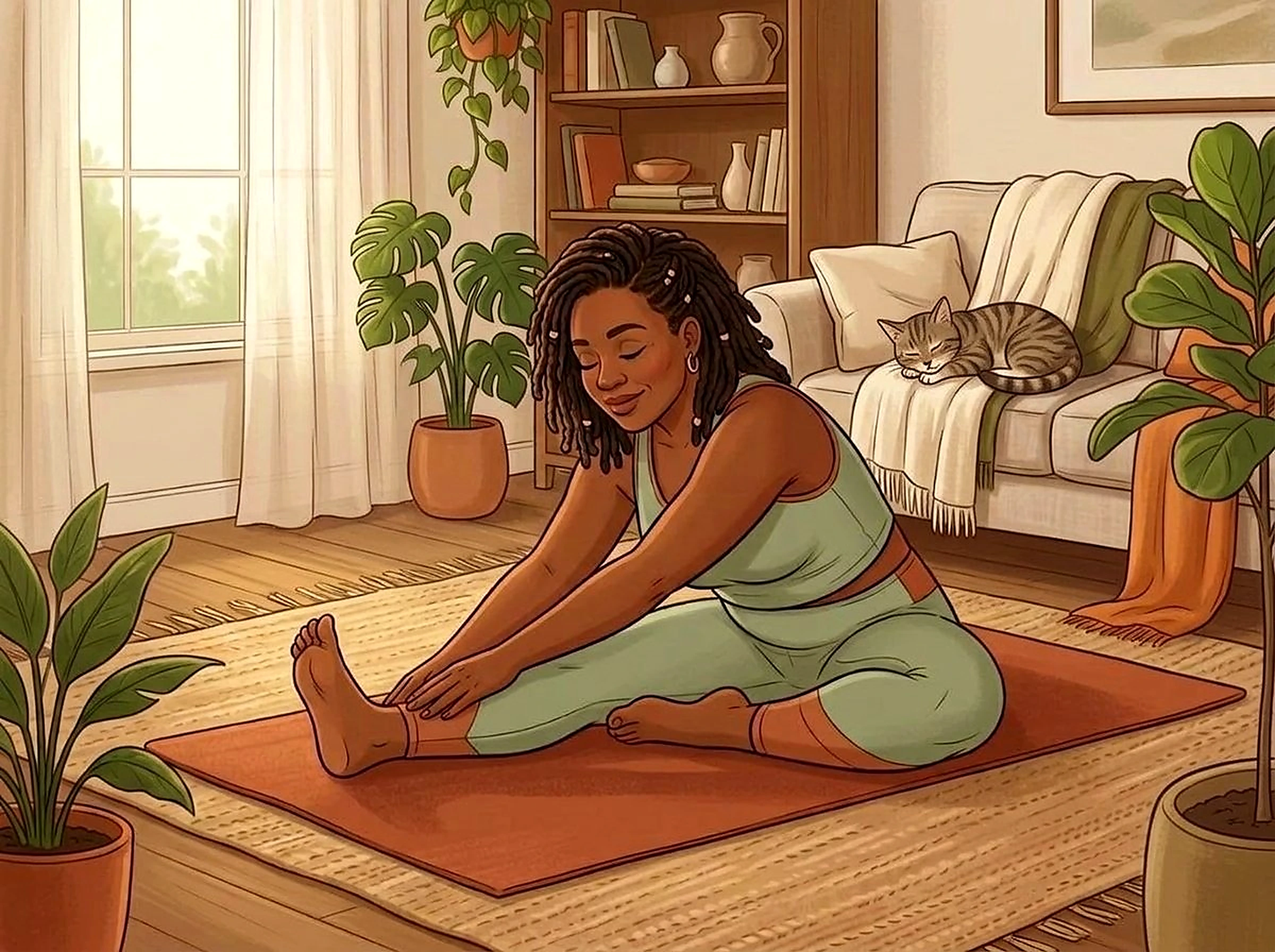 Black woman stretching peacefully on a yoga mat in a sunlit, plant-filled living room — gentle movement supporting hormone balance Black woman stretching peacefully on a yoga mat in a sunlit, plant-filled living room — gentle movement supporting hormone balance