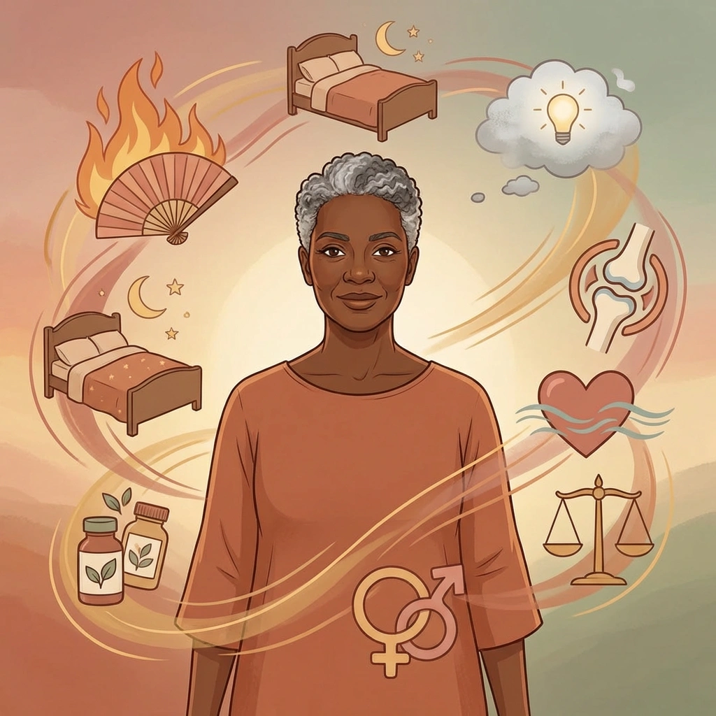 Menopause symptoms explained — comprehensive guide to treatment and what your body needs now Illustrated Black woman surrounded by menopause symptom icons — hot flashes, brain fog, insomnia, joint pain, heart health, and hormonal balance