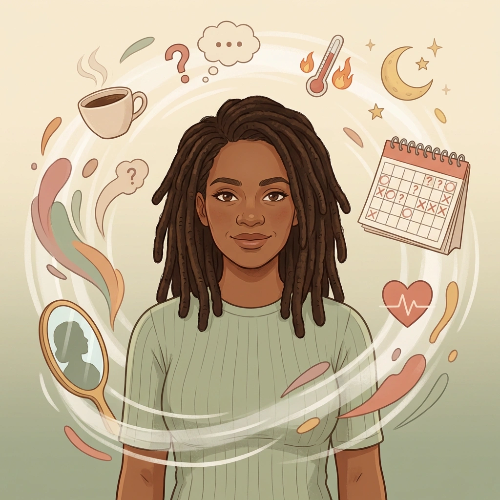Perimenopause symptoms explained — the complete guide to hormonal changes in your 40s Illustrated Black woman with locs surrounded by perimenopause symptom icons — brain fog, hot flashes, insomnia, mood swings, irregular periods, fatigue, and heart palpitations