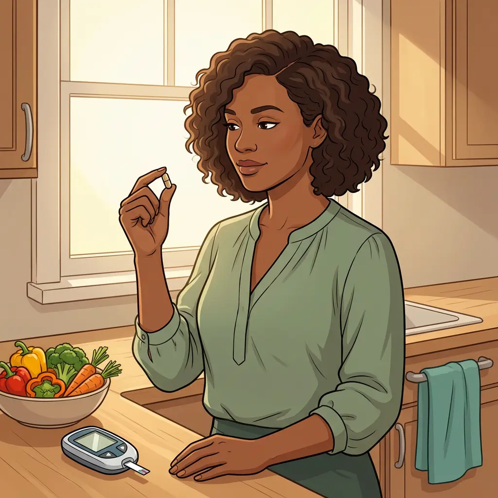 Black woman in sage blouse holding berberine supplement capsule in sunlit kitchen with glucose monitor and fresh vegetables — natural blood sugar and metabolic support during menopause