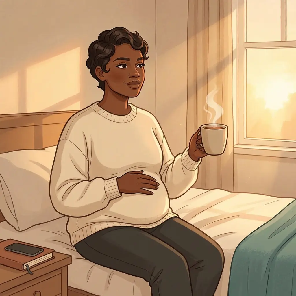 Black woman in cream sweater sitting on bed holding warm mug at sunrise — cortisol management and stress relief strategies for perimenopause and menopause