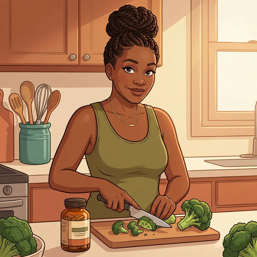 DIM Supplement — supporting healthy estrogen metabolism naturally Black woman with braids chopping broccoli in kitchen with DIM supplement bottle on cutting board — diindolylmethane for estrogen metabolism support during perimenopause