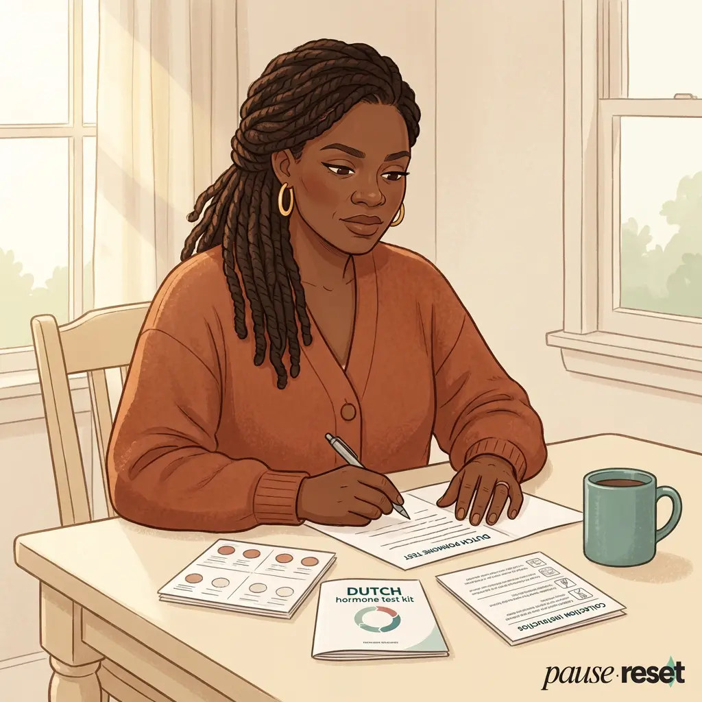 DUTCH Test — the most complete picture of your hormones Black woman with locs completing DUTCH hormone test kit at kitchen table with collection cards and instructions — comprehensive dried urine hormone testing for menopause