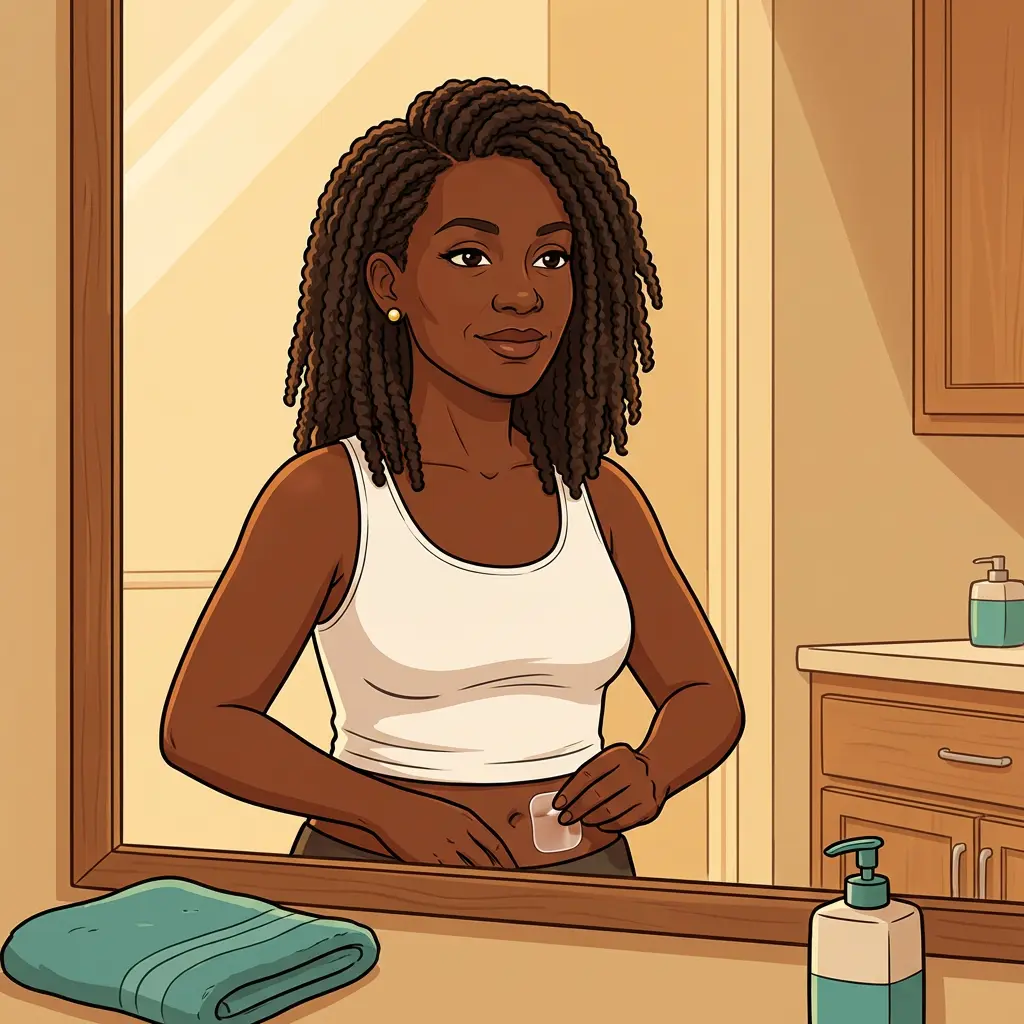 Black woman with twists applying estrogen patch to lower abdomen in bathroom mirror — transdermal hormone replacement therapy during menopause