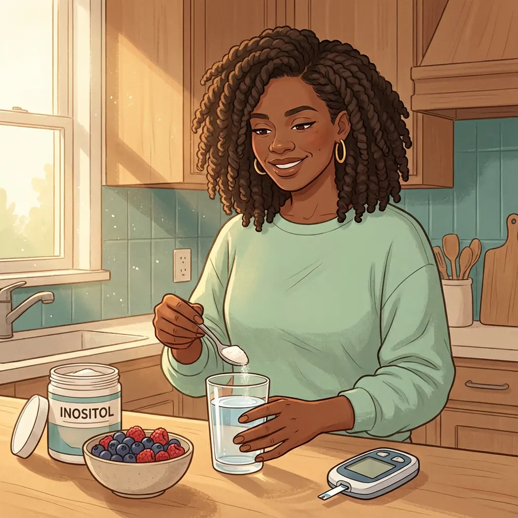 Black woman with twists mixing inositol powder into water in sunlit kitchen with berries and glucose monitor — insulin-sensitizing supplement for menopause