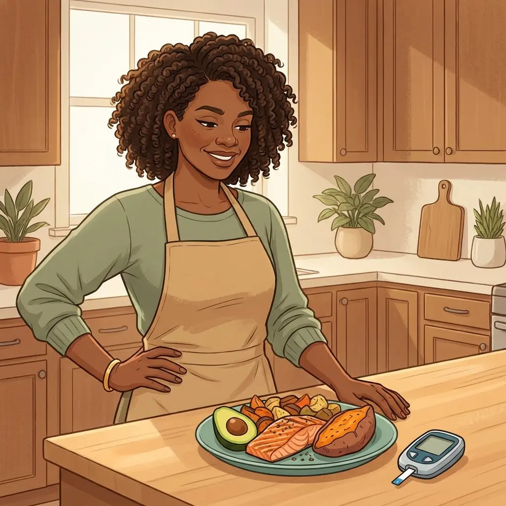 Black woman in apron standing proudly with plate of salmon, sweet potato, and avocado with glucose monitor — managing insulin resistance during menopause