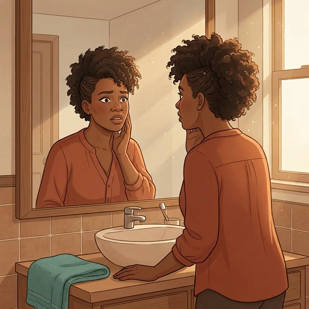 Black woman looking at reflection in bathroom mirror with concern — recognizing low estrogen symptoms during perimenopause and menopause