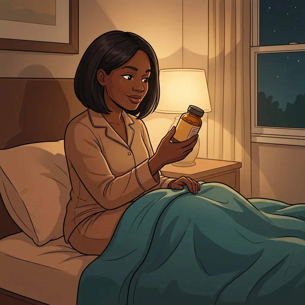 Black woman in pajamas holding magnesium supplement bottle in bed at nighttime — magnesium for better sleep and relaxation during menopause