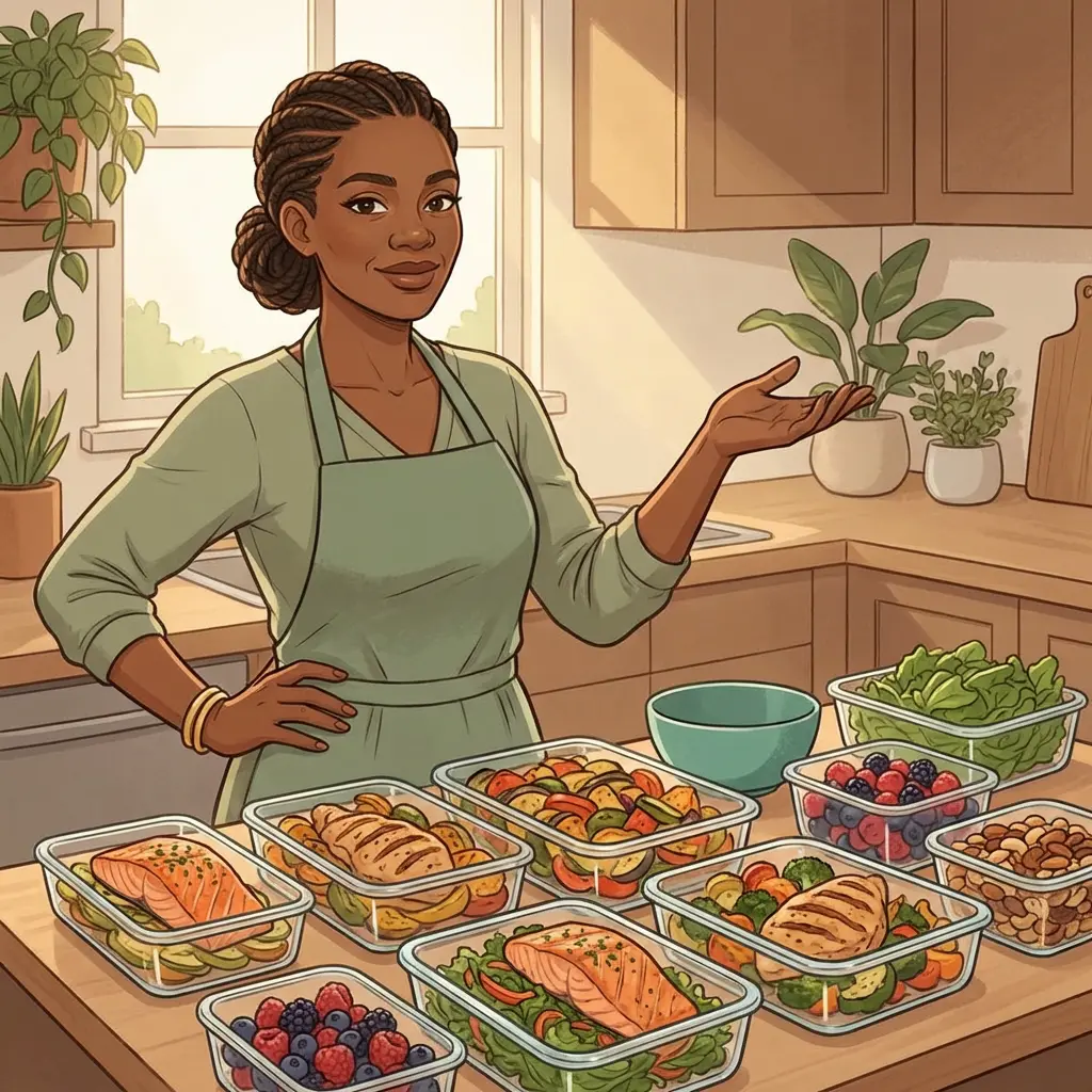 Black woman with braids presenting meal prep containers with salmon, chicken, vegetables, berries, and nuts — menopause diet and nutrition planning