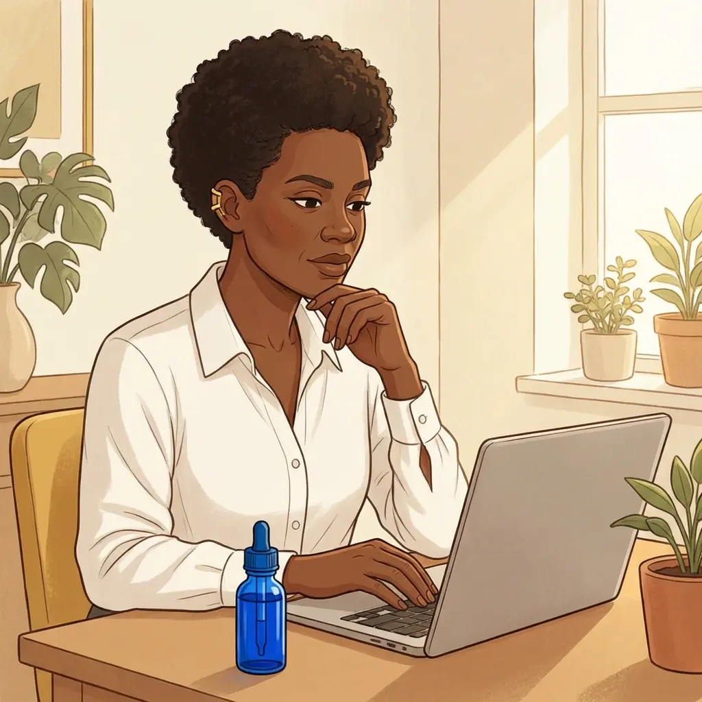 Black woman researching methylene blue supplement at laptop with blue dropper bottle — cognitive support and mitochondrial health during menopause