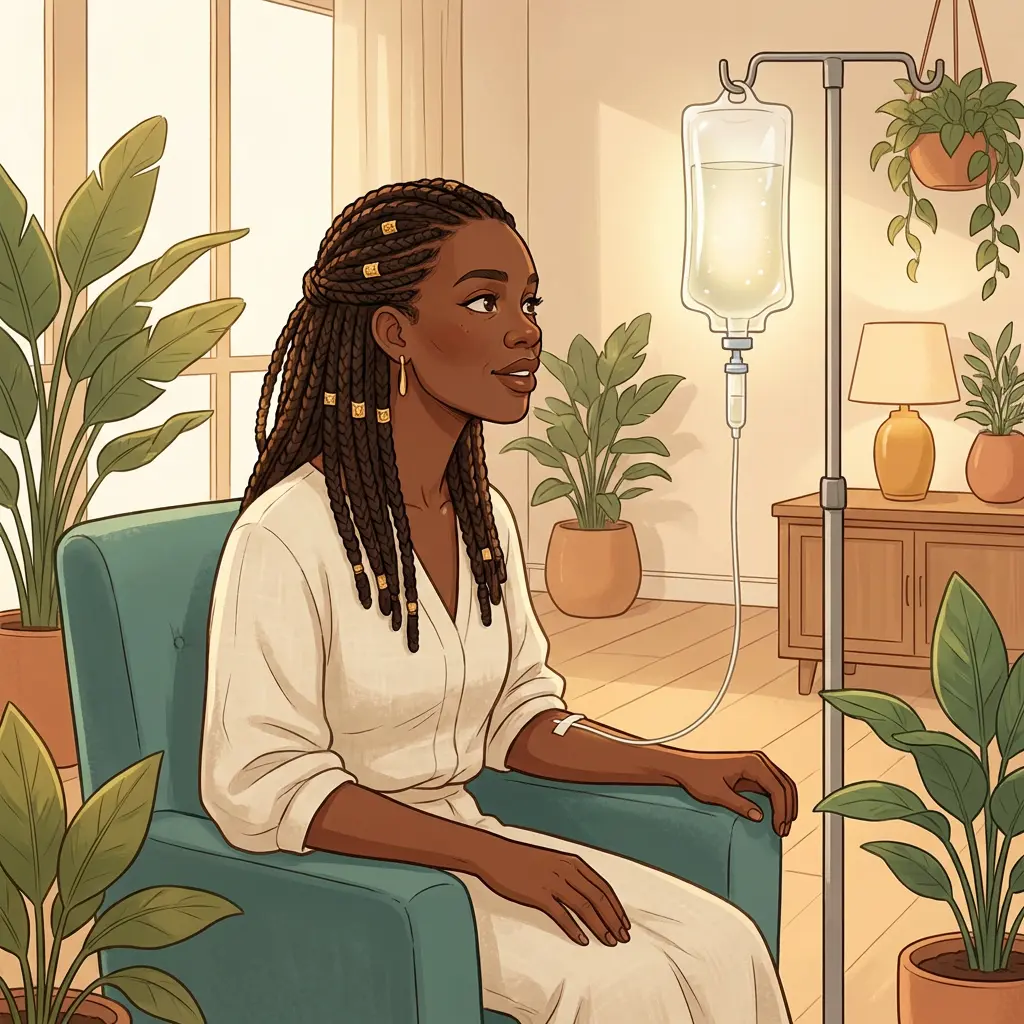Black woman with braids receiving NAD+ IV infusion in comfortable wellness clinic — cellular restoration and energy support during menopause