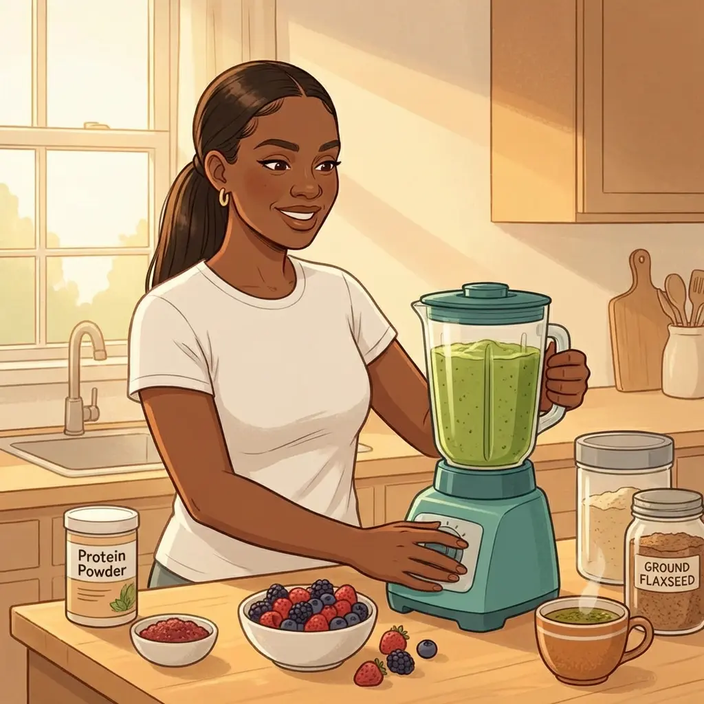 Black woman blending green smoothie with protein powder, berries, and ground flaxseed — natural GLP-1 boosting foods and habits for menopause weight management