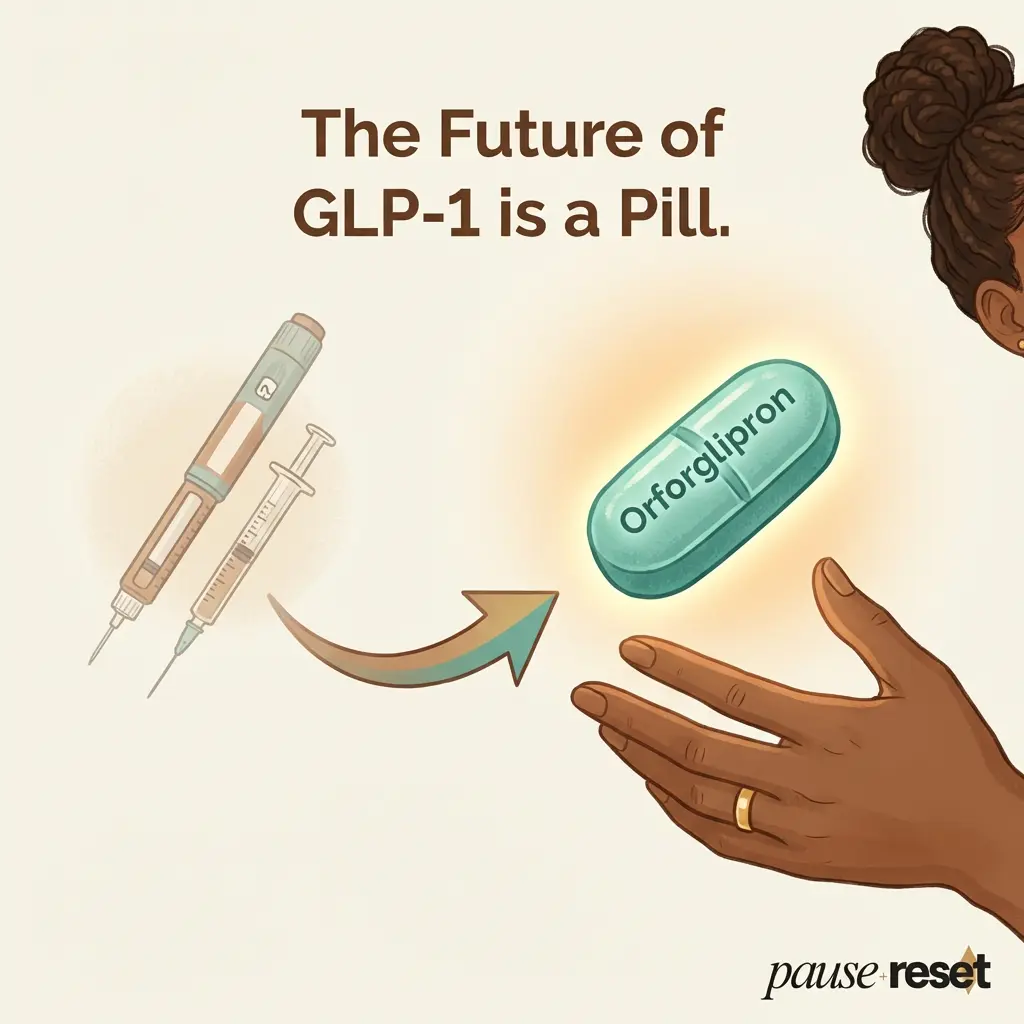 Orforglipron dual-pathway illustration showing GLP-1 and glucagon receptor activation for liver health and fat metabolism — next-generation oral weight loss medication