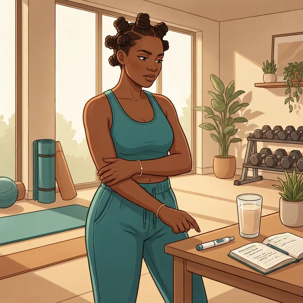 Black woman in teal athletic wear standing in home gym with peptide injection pen and wellness journal — peptides for weight loss and body composition during menopause
