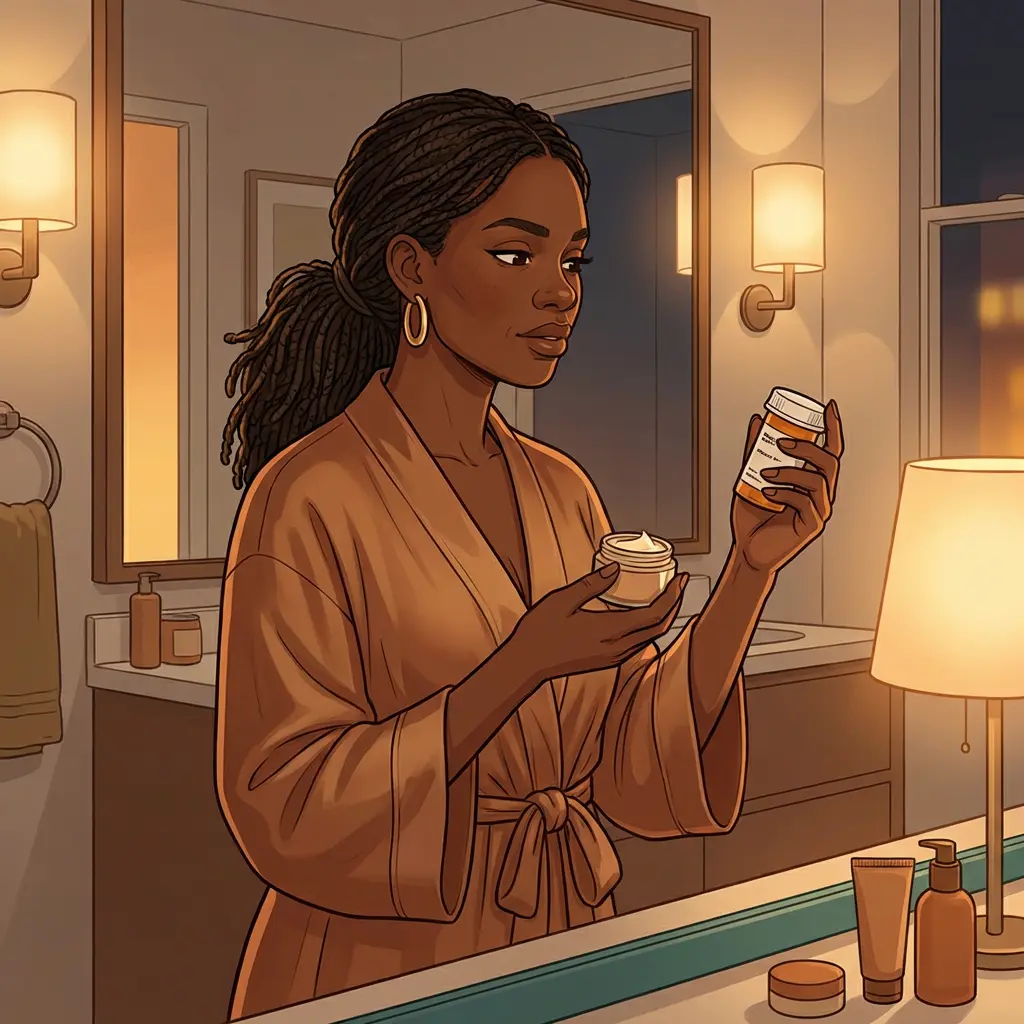 Black woman with locs in robe examining progesterone cream jar in warm bathroom — topical bioidentical progesterone for perimenopause symptom relief