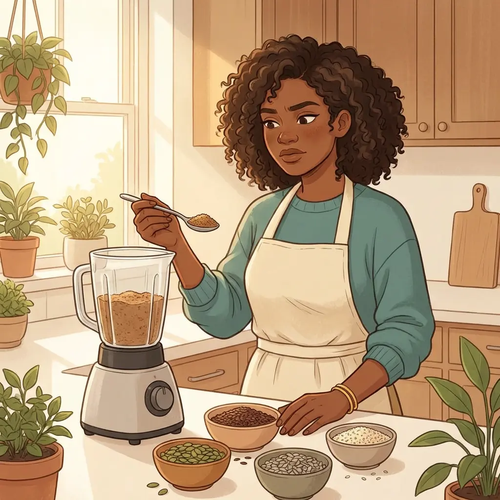 Black woman spooning ground seeds into blender with bowls of pumpkin seeds, flax, sesame, and sunflower seeds — seed cycling for hormone balance during perimenopause