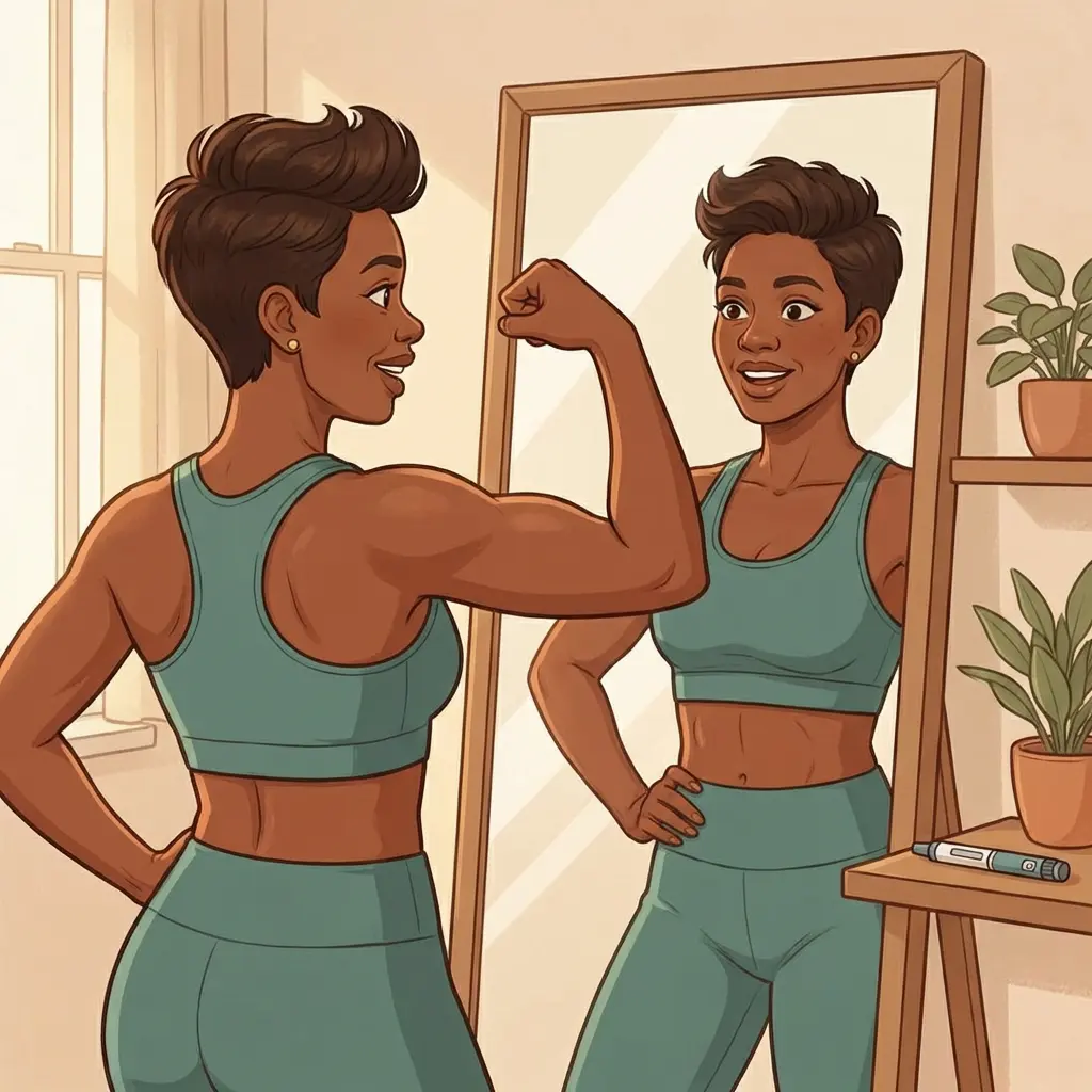 Black woman with short hair flexing bicep in mirror wearing teal athletic wear with peptide pen on shelf — compounded tirzepatide for menopause weight loss and body composition
