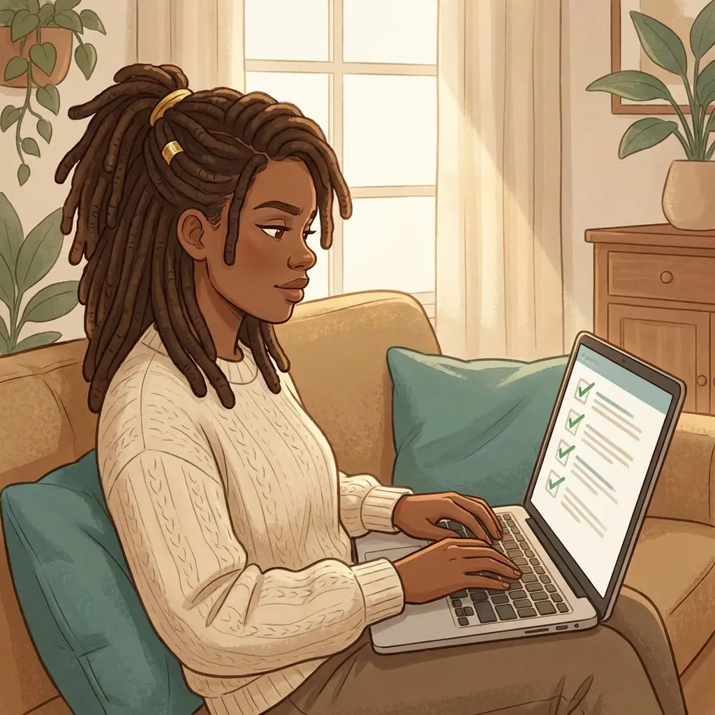 Black woman with locs in cream sweater researching HRT on laptop with checklist on screen — signs you need hormone replacement therapy during perimenopause and menopause