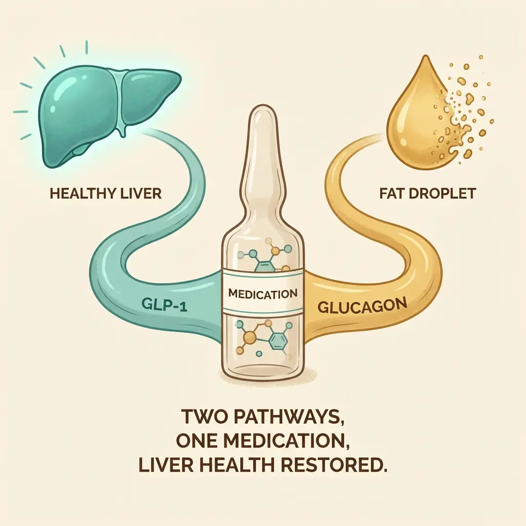 Survodutide dual agonist GLP-1 glucagon pathway illustration showing healthy liver and fat droplet clearance — weight loss and liver health medication for menopause