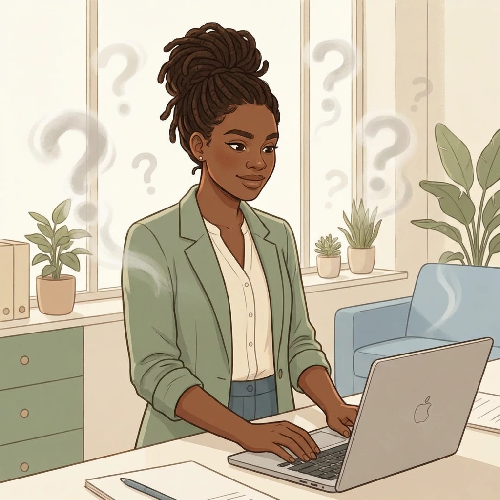 Black woman with locs working clearly at her desk — brain fog treatment restoring cognitive clarity during menopause in Atlanta