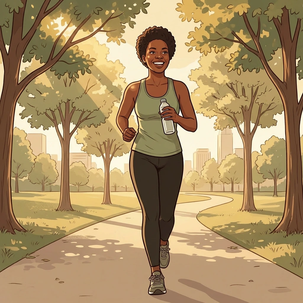 Black woman walking energetically outdoors in morning light — menopause fatigue treatment restoring vitality in Atlanta