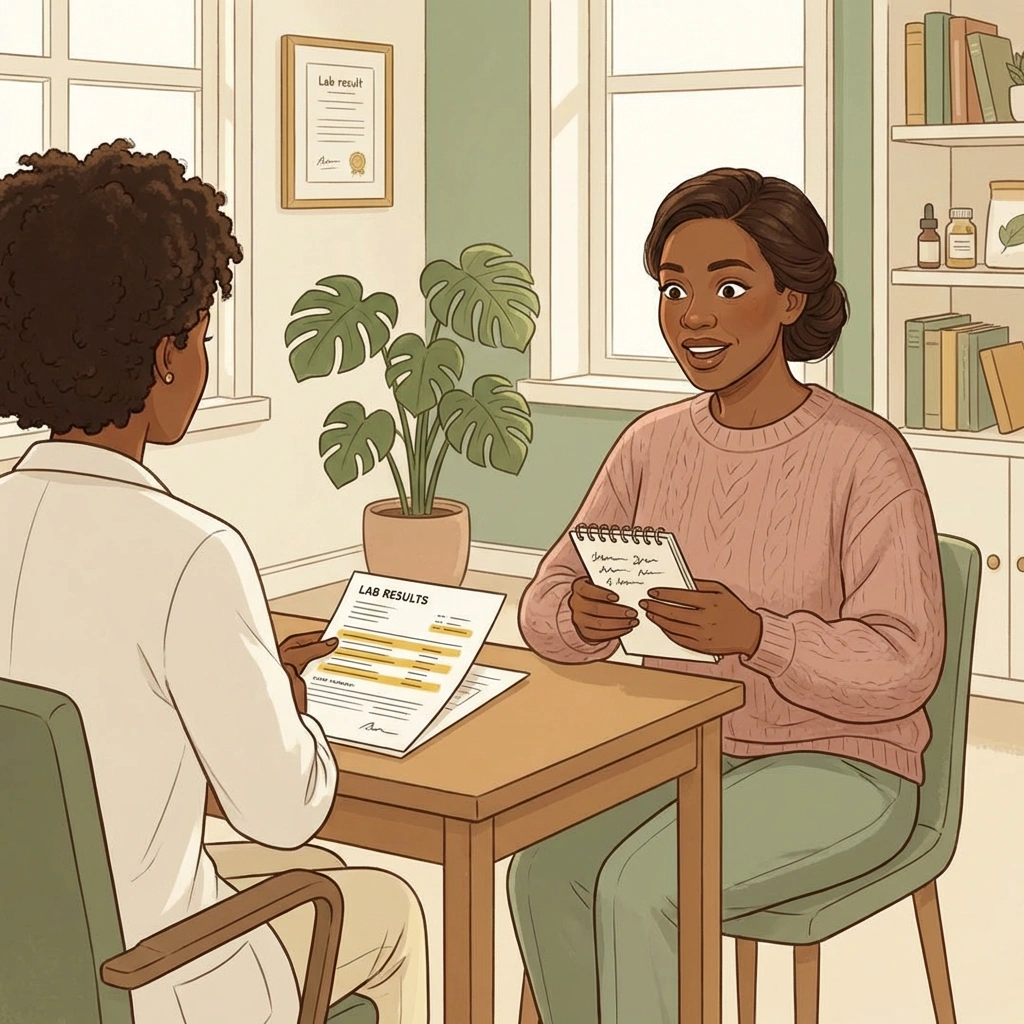 Black woman reviewing lab results with hormone specialist in Atlanta — warm consultation with notes and personalized treatment plan