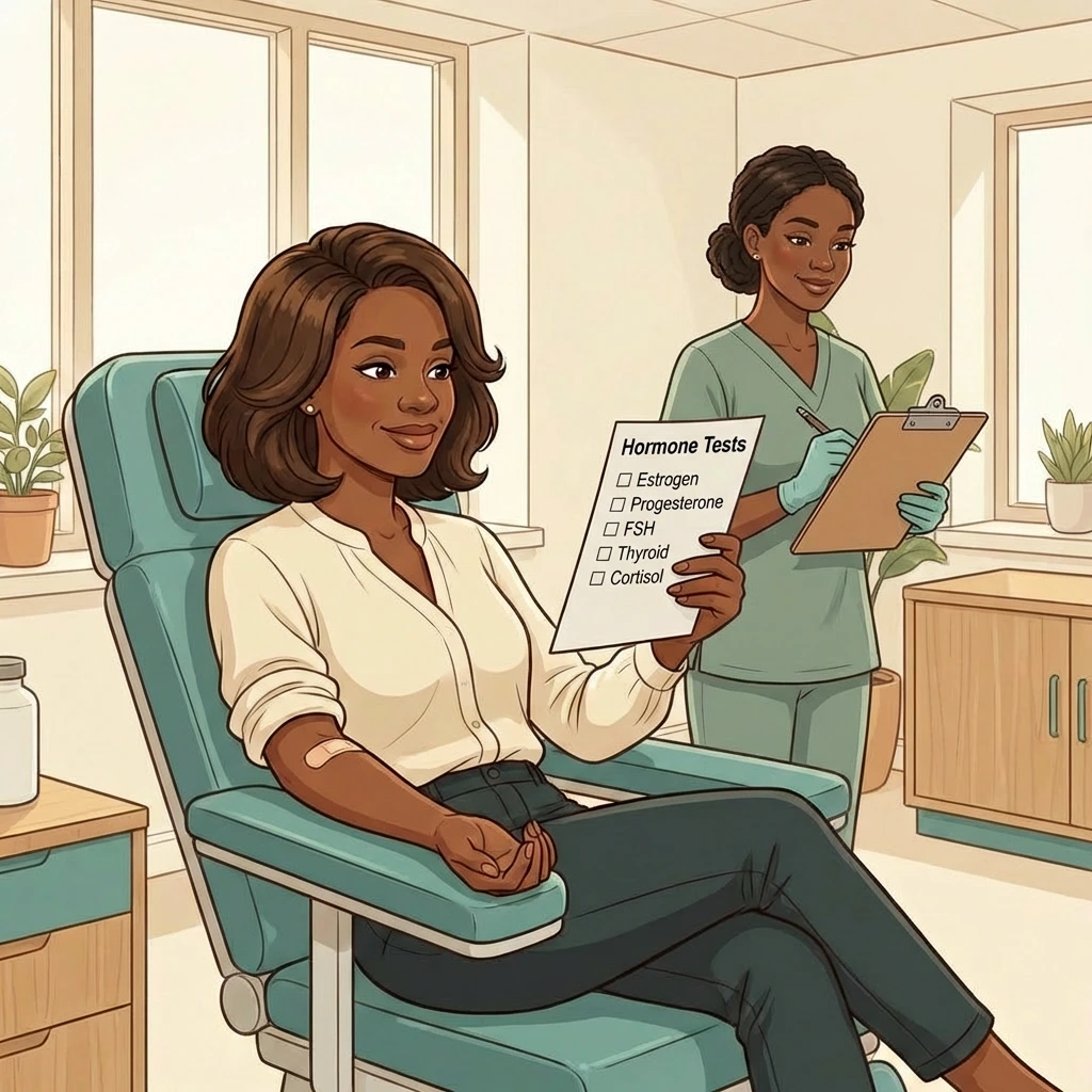 Black woman in blood draw chair holding hormone test checklist — comprehensive hormone testing in Atlanta with 15+ markers