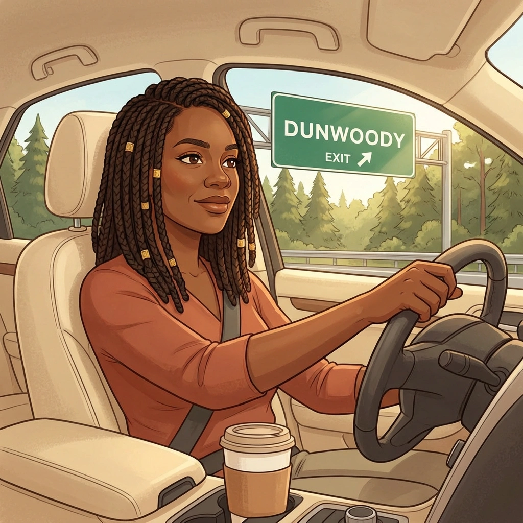 Black woman with locs driving toward Dunwoody exit sign for hormone therapy appointment — easy access to care near Perimeter Mall