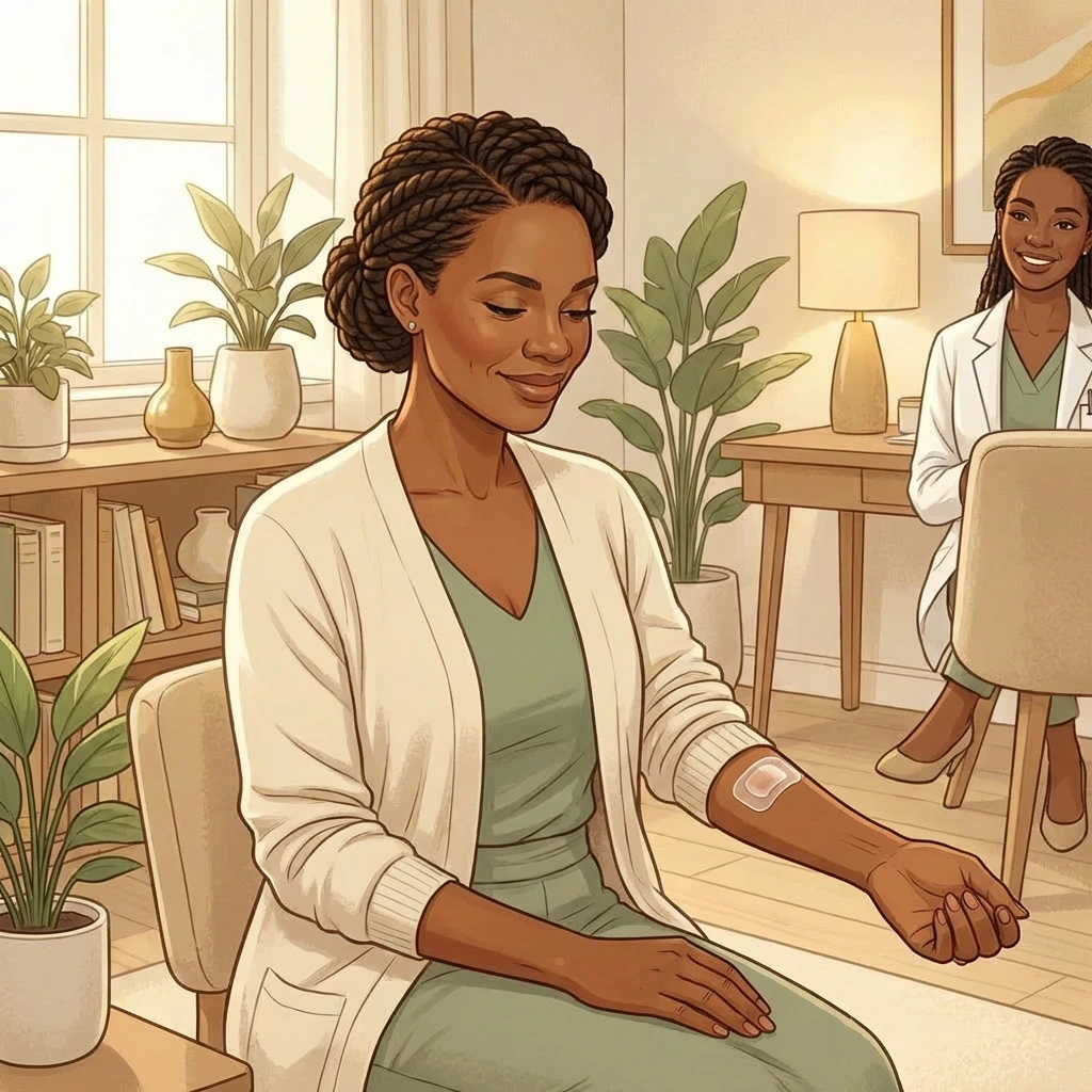 Black woman with hormone patch on forearm during bioidentical HRT consultation in Atlanta — calm confidence in warm clinical office
