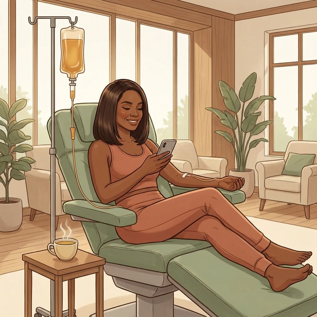 Black woman relaxing in infusion chair with IV drip while scrolling phone — comfortable IV therapy session at Atlanta wellness clinic