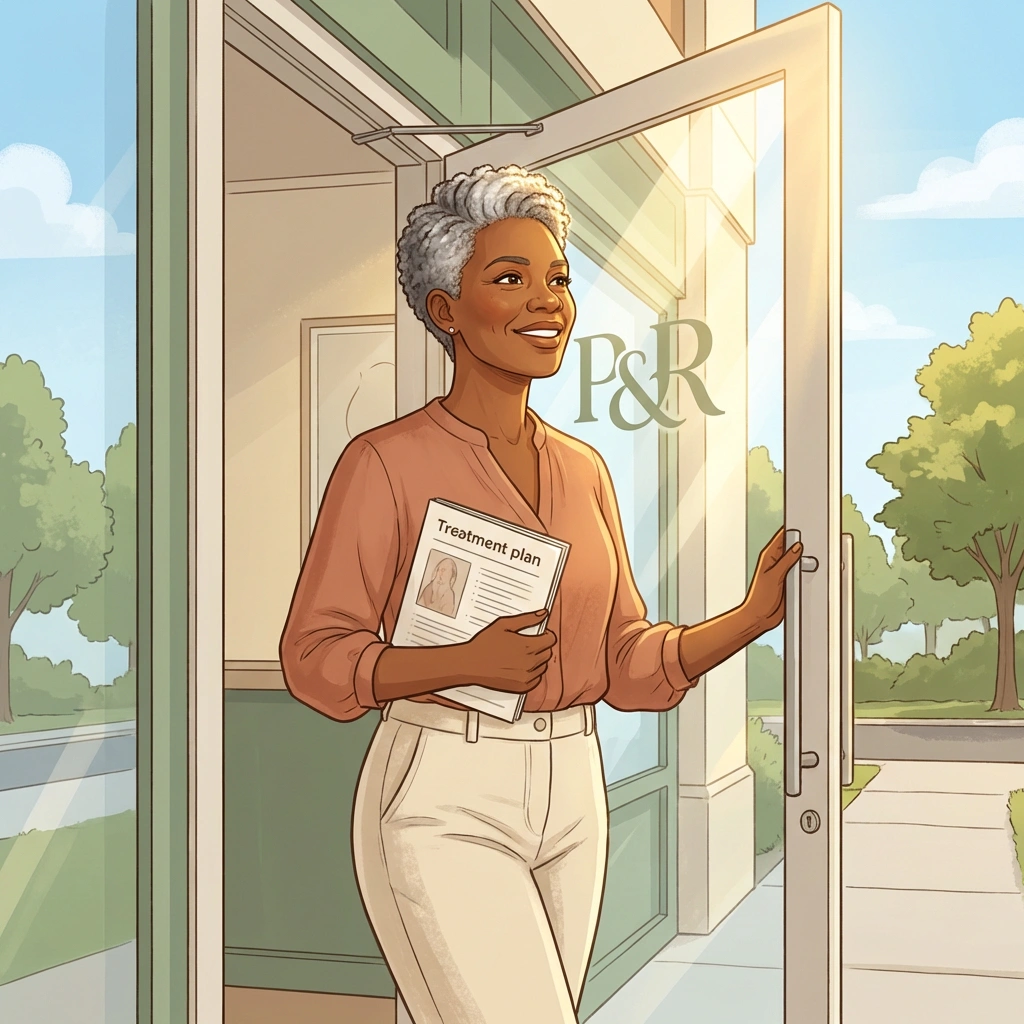Silver-haired Black woman walking out of Pause & Reset clinic holding treatment plan — confident and cared for after menopause specialist visit in Atlanta