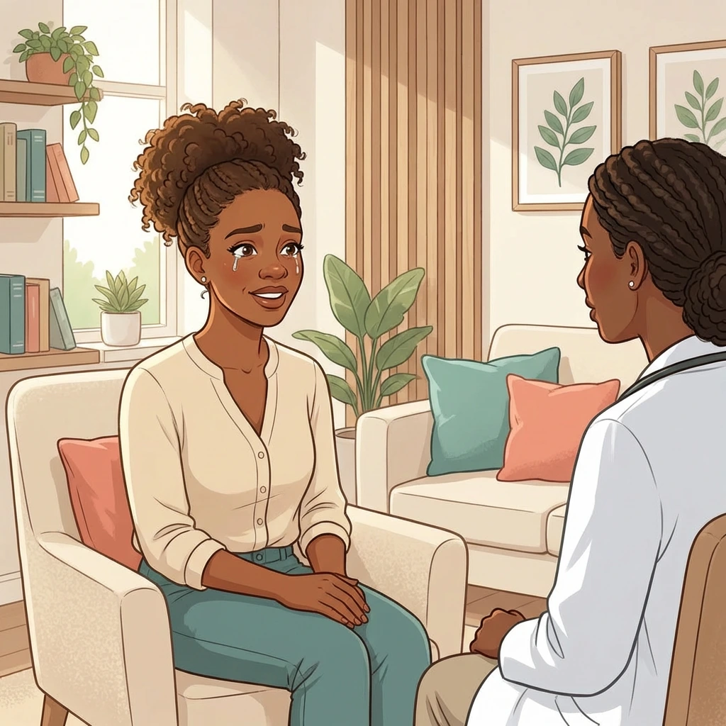 Perimenopause Specialist Atlanta — catching the transition early Young Black woman consulting with perimenopause specialist in Atlanta — first time being heard about early hormone changes
