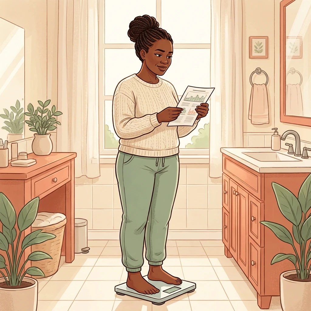 Black woman standing on scale reading metabolic lab results — menopause weight loss evaluation in Atlanta focusing on the data, not the number