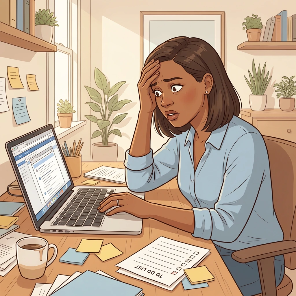 Black woman at cluttered desk holding her head overwhelmed by ADHD symptoms worsening during perimenopause — to-do list and sticky notes scattered