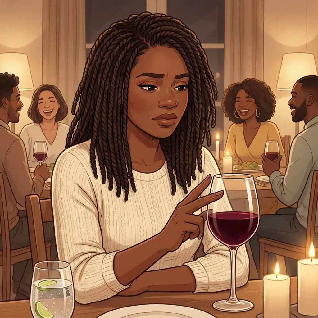 Black woman with locs sitting at dinner party hesitating over glass of red wine — sparkling water with lime as alternative during perimenopause