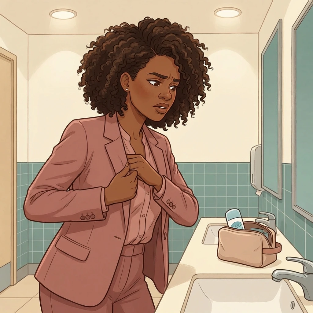 Black woman in pink blazer self-consciously checking body odor in office restroom during perimenopause — hormonal changes affecting sweat and scent