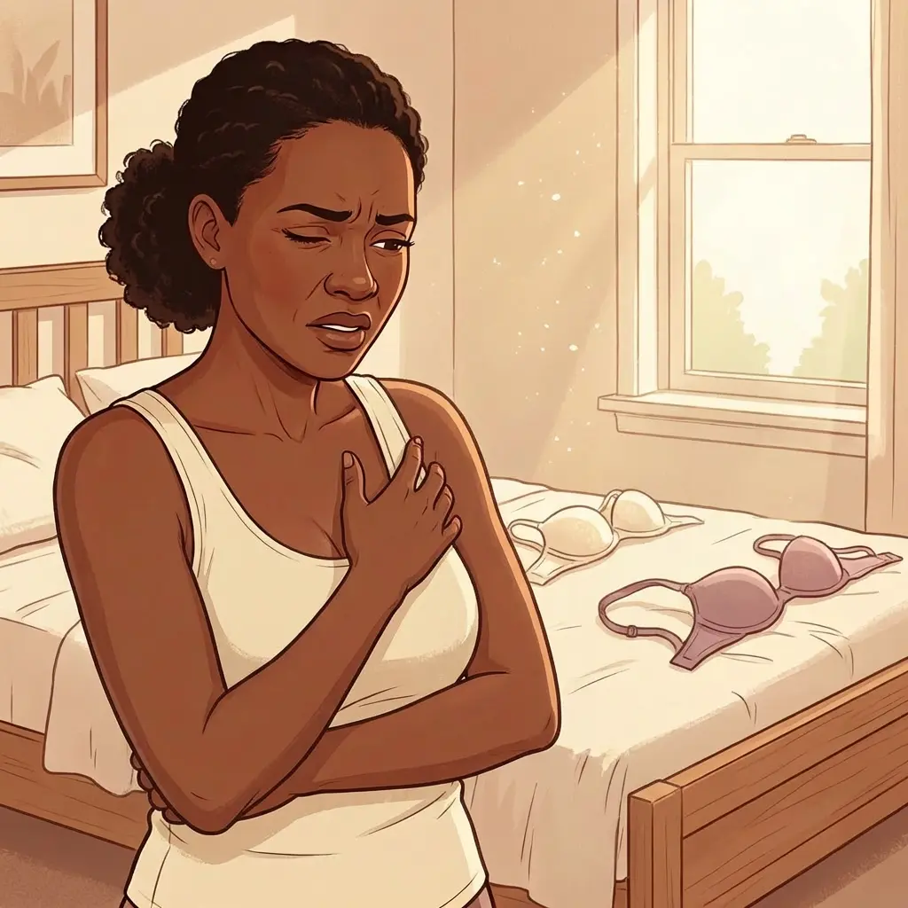 Black woman in tank top pressing hand to chest in discomfort in bedroom — menopause breast pain and tenderness with bras discarded on bed
