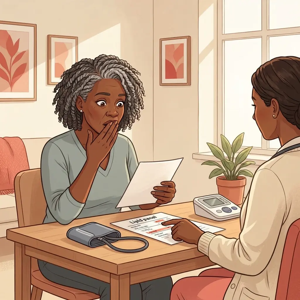 Silver-haired Black woman shocked reviewing lipid panel results with clinician — menopause cholesterol spike and cardiovascular risk assessment
