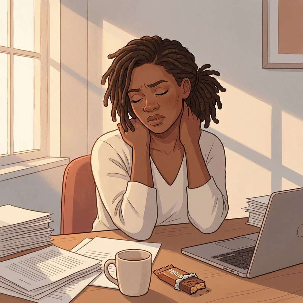 Menopause and cortisol — when your stress response won't turn off Black woman with locs resting her head in her hands at her desk exhausted — menopause cortisol dysregulation causing chronic fatigue and burnout