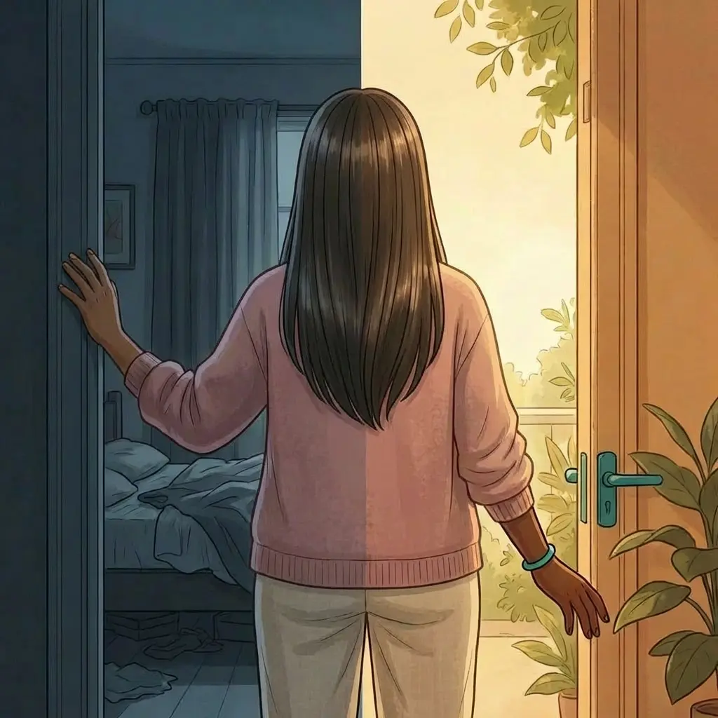 Black woman in pink sweater standing between a dark bedroom and sunlit doorway — split scene illustrating the weight of menopause depression and the possibility of feeling better