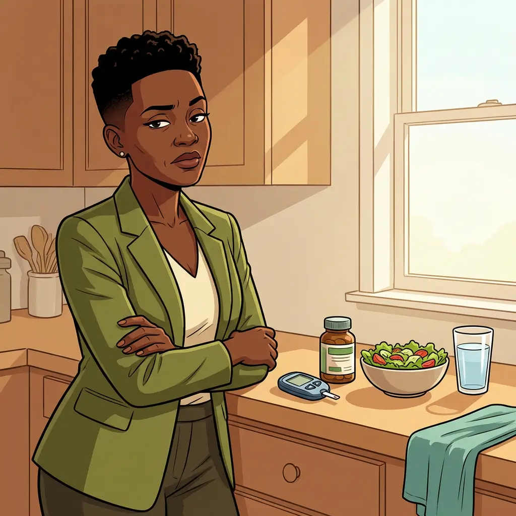 Black woman in olive blazer standing in kitchen with arms crossed next to glucose monitor, supplements, salad, and water — managing menopause and diabetes risk