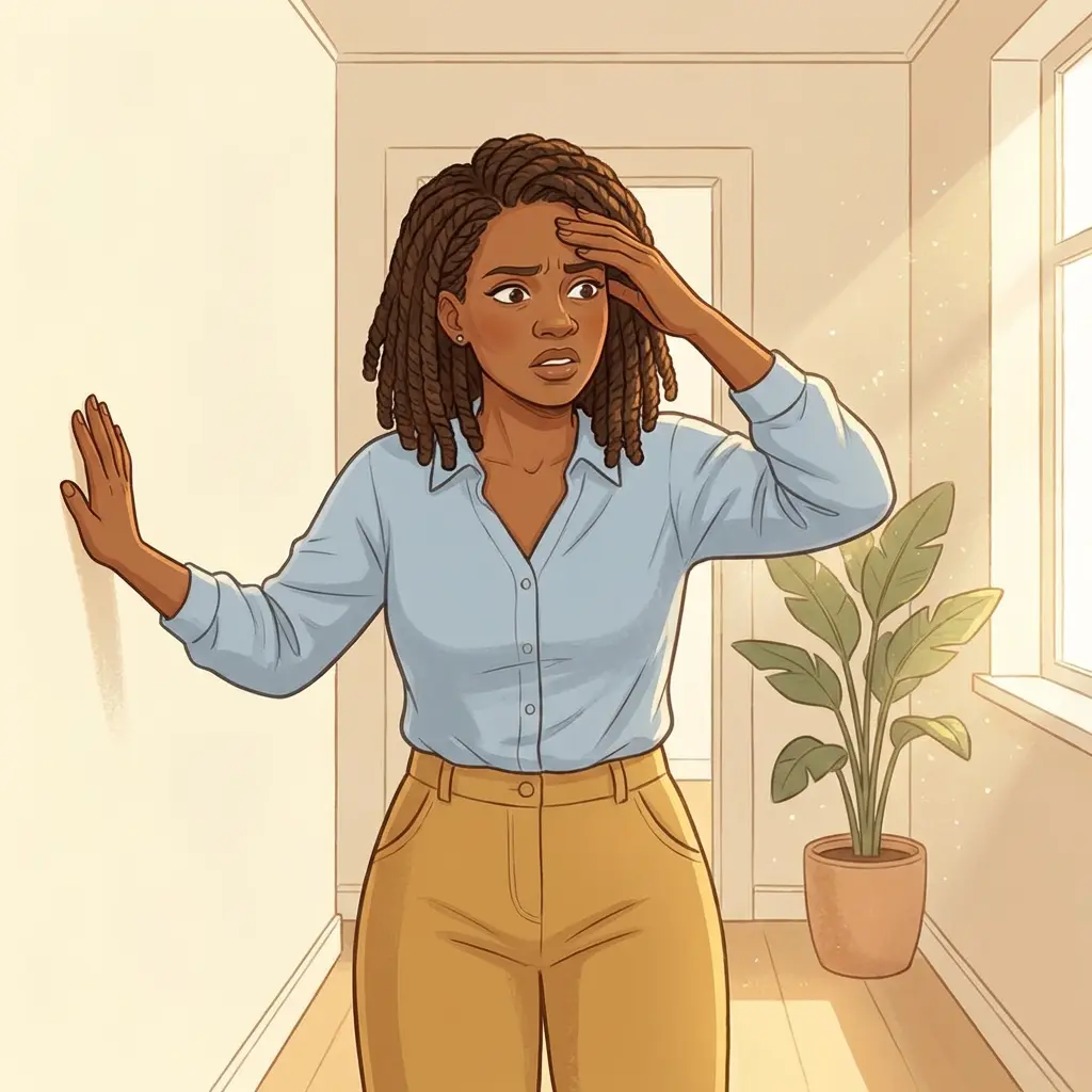 Black woman with locs bracing against hallway wall with hand on forehead — perimenopause dizziness and lightheadedness from hormone fluctuations