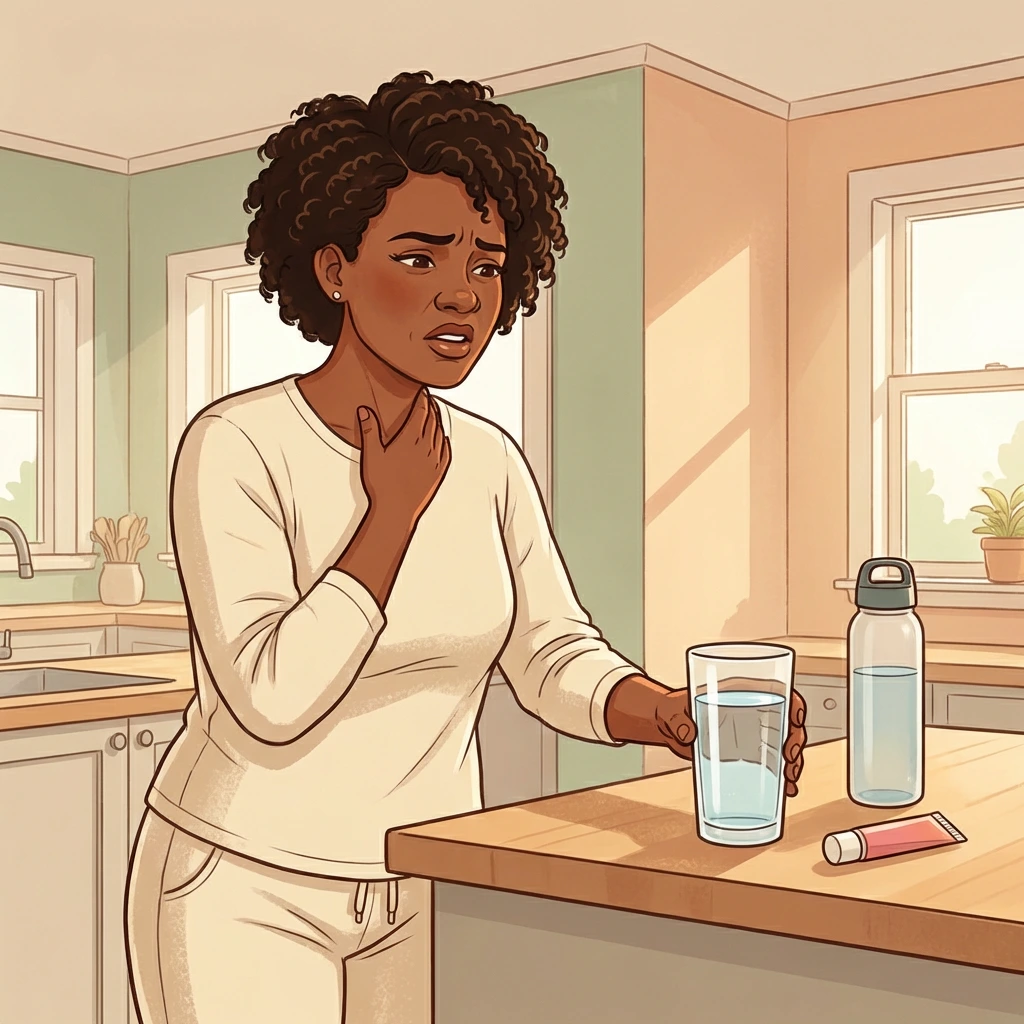 Black woman in kitchen touching her throat and reaching for water glass — menopause dry mouth caused by declining estrogen